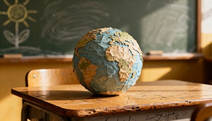 A handcrafted globe rests on a wooden school desk, bathed in sunlight, against a chalkboard with child's drawing.