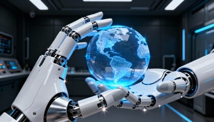 Robotic hands gently cradle a translucent, glowing digital Earth globe, symbolizing technological advancement and global connectivity within a futuristic setting.