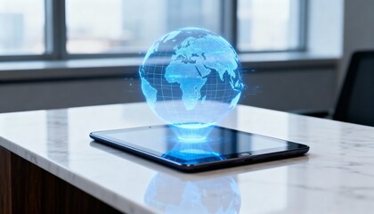 A futuristic digital globe hologram projected above a tablet on a marble surface.