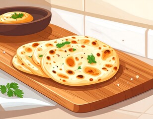 Stack of golden flatbreads on a wooden board with a bowl of dip