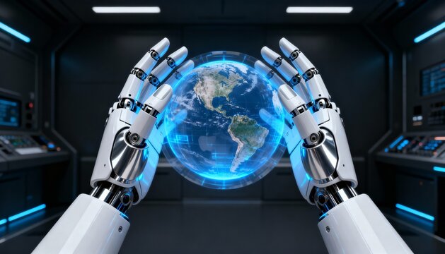 Robotic hands gently cradle a glowing, holographic representation of Earth within a futuristic control room.