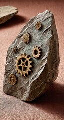 Decorative rock sculpture adorned with intricate brass gears, showcasing a captivating steampunk aesthetic.