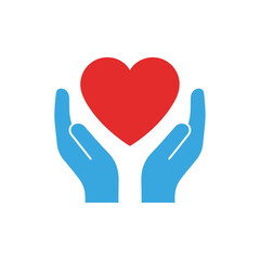 Blue hands gently cradling a vibrant red heart, symbolizing love, care, health, and support.