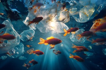 Polluted ocean water with floating plastic waste symbolizing climate change, global warming and environmental crisis. Dirty sea surface covered with trash. Marine ecosystem collapse. Human impact 