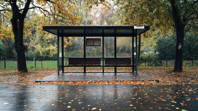 A bus stop with a bench and a sign on it
