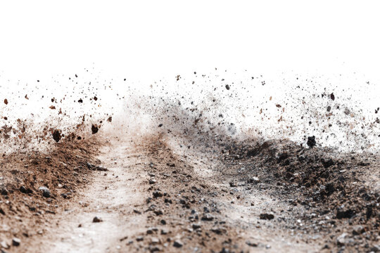 A dirt road with dust and debris kicked up, suggesting movement or an explosion.