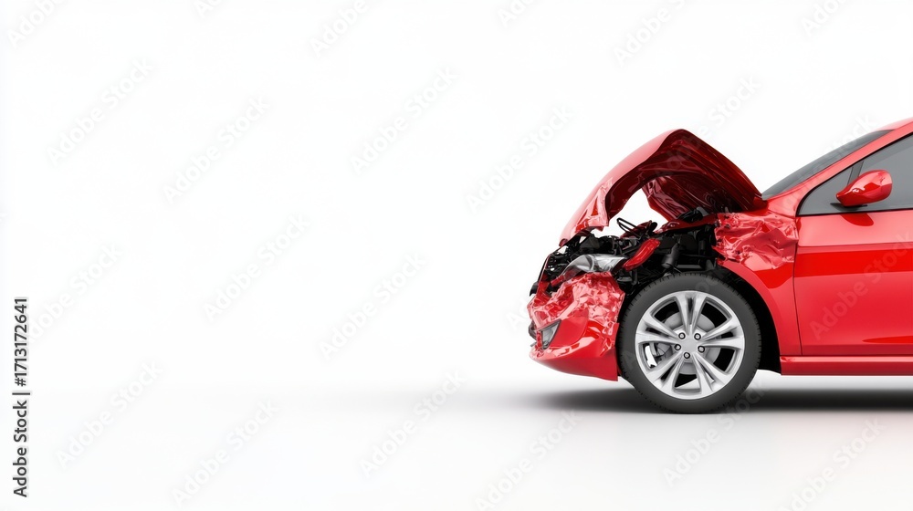 Poster red car with open hood showing engine in a minimalist white background