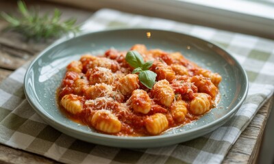 Plate of gnocchi in a rich tomato sauce, garnished with parmesan cheese and fresh basil