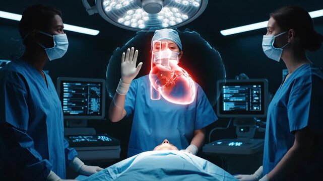 Surgeons collaborating over a futuristic 3D heart hologram in an operating room. 