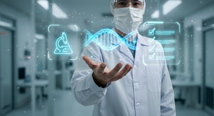 Biomedical research concept with scientist presenting glowing DNA and laboratory interface elements.