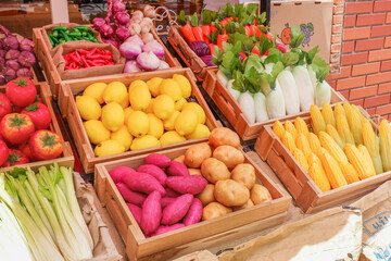Fresh Fruits and vegetables at a farmer market,raw fruits,nutrition,organic,healthy eating or shopping in a grocery store.