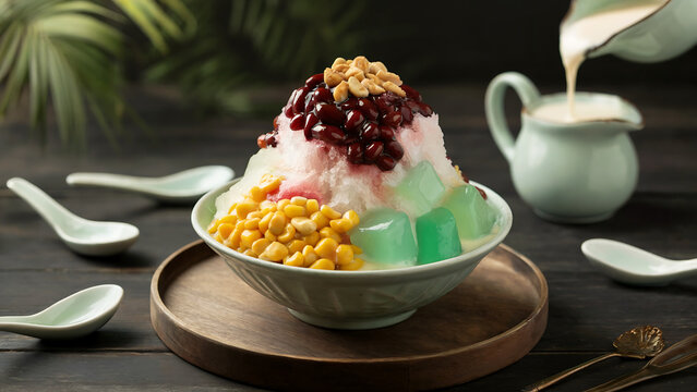A photograph of a vibrant bowl of "Ais Kacang" presented on a dark wooden table. The dessert is a colorful tower of shaved ice layered with bright red adzuki beans, translucent grass jelly, yellow swe