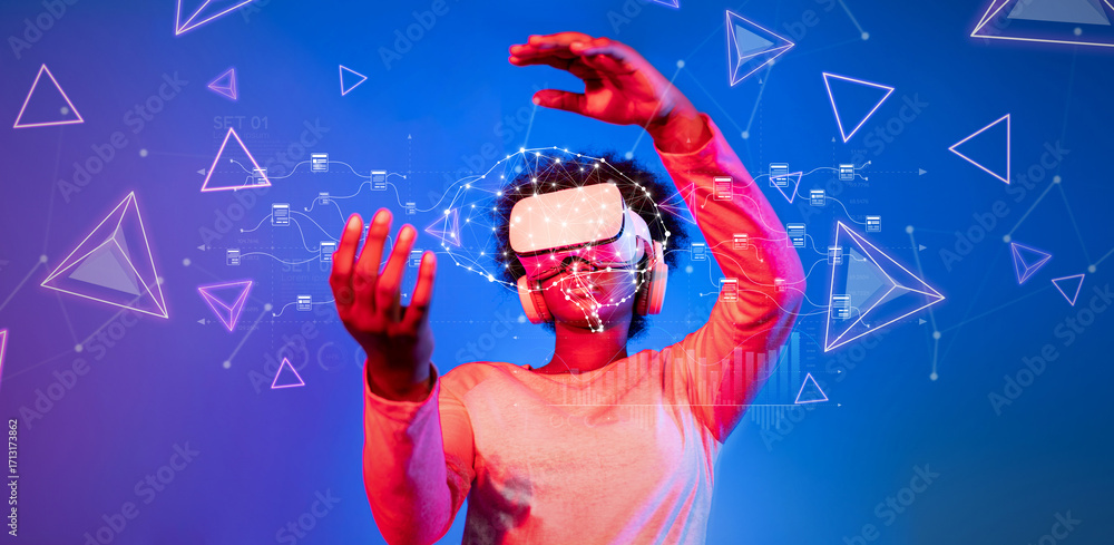 Poster a young person immersed in a virtual reality experience, showcasing the intersection of cloud data m