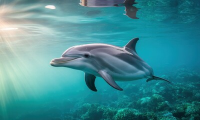 Fototapeta premium Smiling dolphin in clear, turquoise water over coral reef, sunbeams