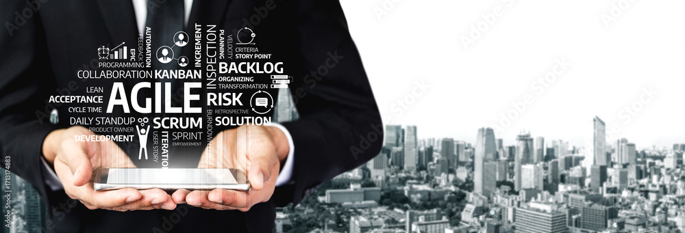 Poster a businessman holds a tablet displaying key terms related to agile methodology on a city skyline bac