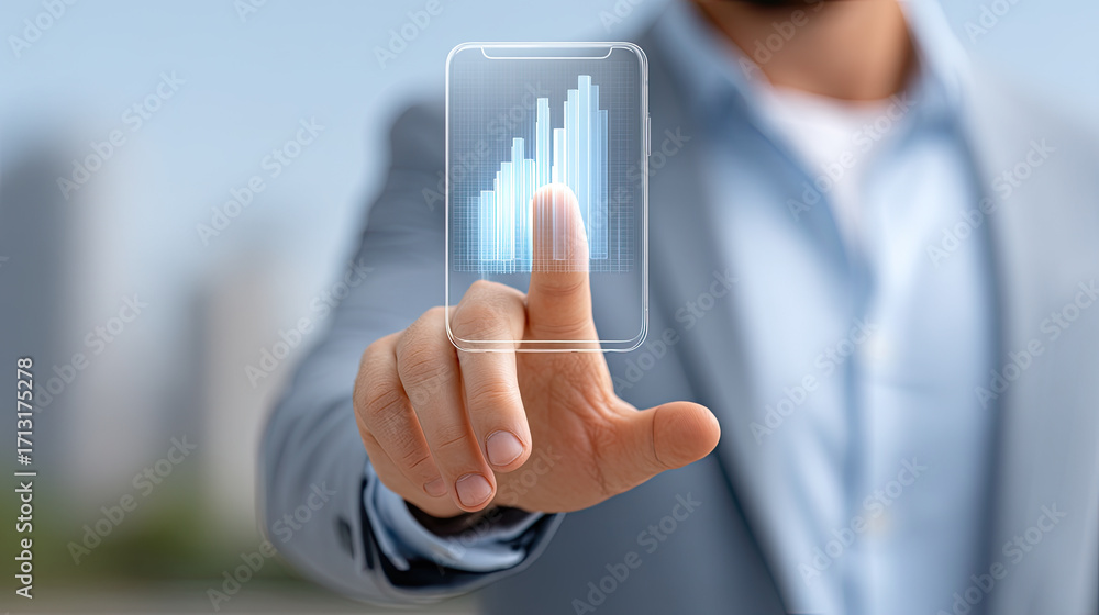 Poster business person interacting with smartphone displaying digital graph, symbolizing technology and dat