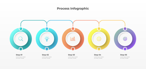 Modern and abstract infographic design featuring 5 steps circles showcasing business icons and concepts, ideal for presentations, reports, or analytics. Vector illustration.