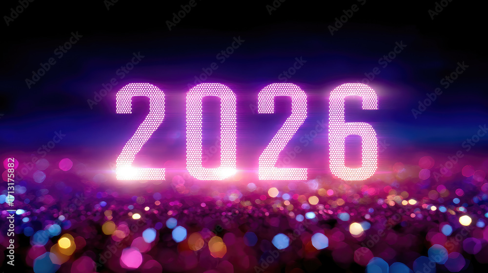 Poster digital countdown timer displaying year 2026 in vibrant pink and purple lights, surrounded by colorf
