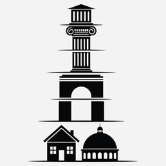 Obraz premium Iconic architectural elements a classical column, archway, house, and dome symbolize historical and modern building designs