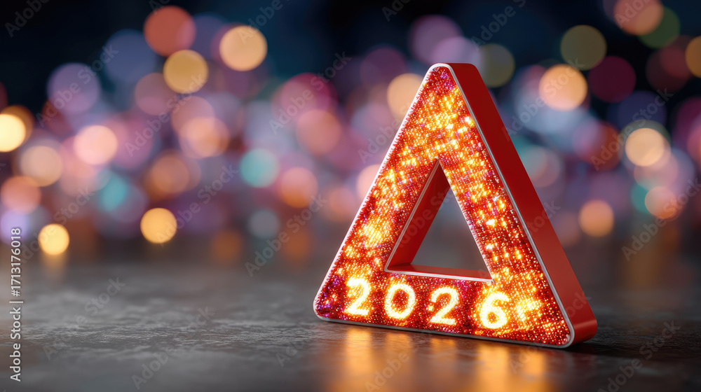 Poster closeup of glowing digital warning triangle with year 2026 displayed, creating festive and vibrant a