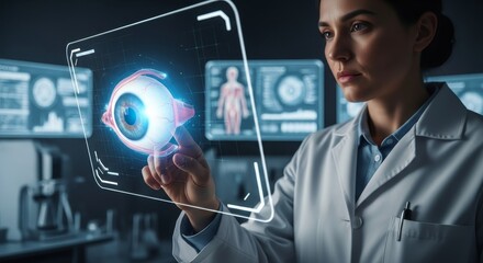 doctor or scientist in lab coat analyzes 3D hologram of human eye on futuristic, transparent touchscreen. In high-tech laboratory, future of medicine, ophthalmology, advanced diagnostics
