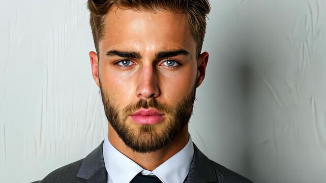 Handsome Professional Portrait: A captivating headshot of a sophisticated, well-groomed individual in a suit, his piercing gaze revealing a depth of character.