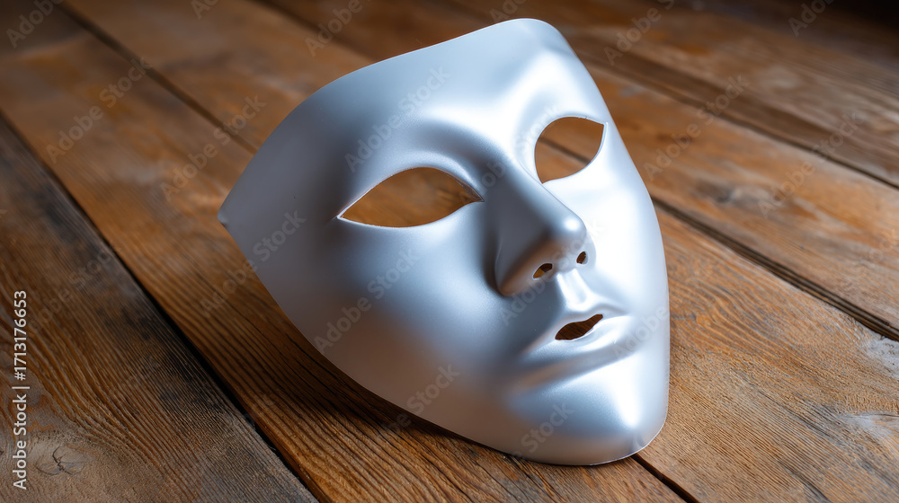 Poster closeup of shiny silver mask resting on rustic wooden surface, evoking sense of mystery and intrigue