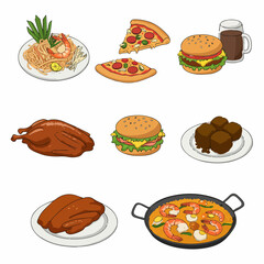 Vibrant vector illustration set showcasing diverse global cuisines: Pad Thai, pizza, burgers, roasted chicken, paella, chocolate truffles, and a drink, perfect for menus or food concepts.