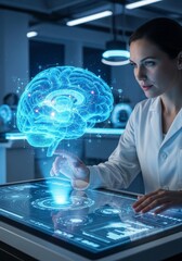 female scientist in modern lab analyzes holographic human brain. Focused neurologist interacts with futuristic touchscreen, studying neural networks and data. healthcare technology, medical research