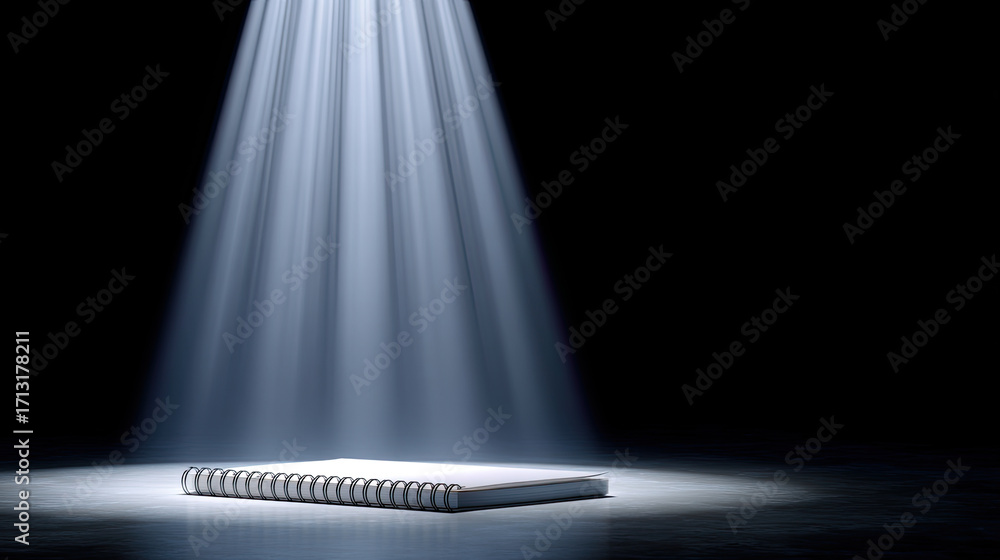 Poster spotlight shines on blank notebook in dark space, creating dramatic and artistic atmosphere. contras