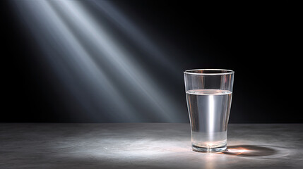 Clear glass of water sits on dark surface, illuminated by soft rays of light, creating serene and tranquil atmosphere. reflection and refraction of light enhance beauty of water