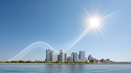 Fototapeta premium Vibrant skyline of city is depicted against clear blue sky, with bright sun shining above. image features financial graph line that creatively integrates with skyline, symbolizing growth