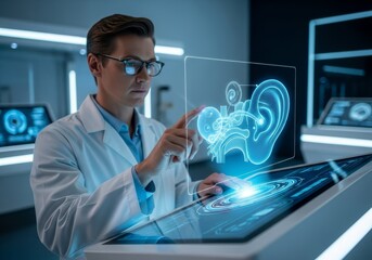 Male audiologist or scientist analyzes holographic 3D model of human ear. Doctor interacts with futuristic touchscreen interface wit audiology data. healthcare technology, medical research concept