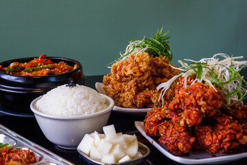 Korean food and Spicy korean chicken wings,jajangmyeon,bibimbap,oden,Samgyeopsal,delicious Korean traditional food.