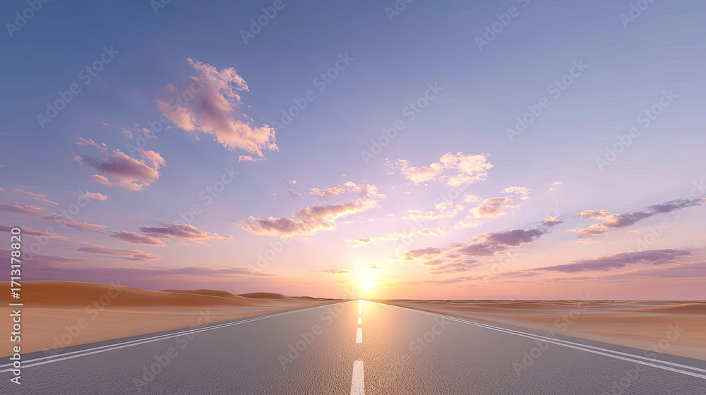 Poster stunning view of desert highway stretches into horizon, illuminated by glowing sunset. sky is adorne