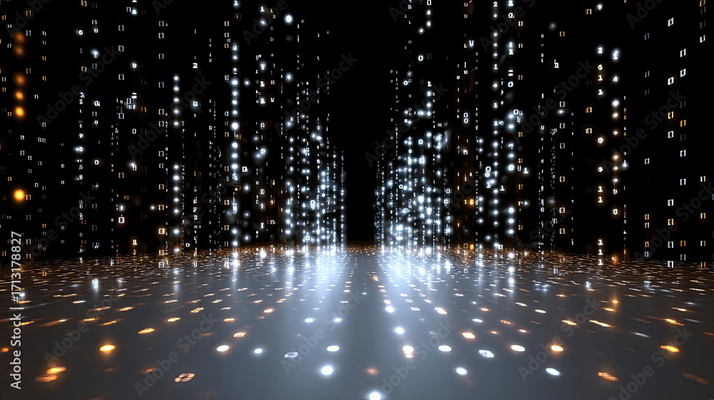 Poster digital data streams create mesmerizing visual experience with shimmering lights in various colors, 