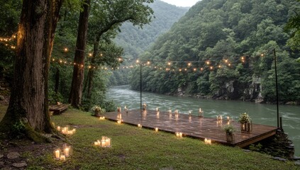 A rustic riverside setting bathed in warm, inviting candlelight, with string lights draped among lush trees and a wooden deck overlooking a flowing river.