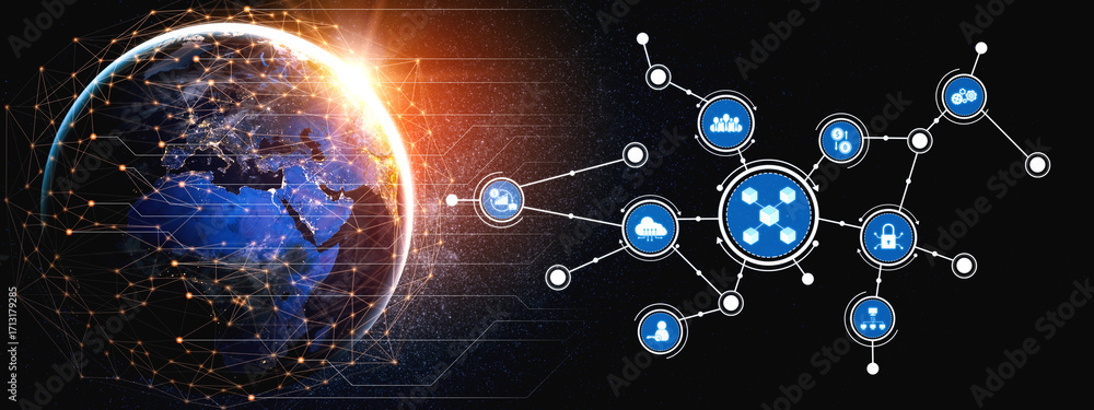 Poster Captivating visual representing global technology connections with Earth and network icons symbolizing data, communication, and digital innovation in a modern context. Tessel