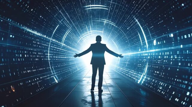 Silhouette businessman embraces data tunnel with open arms with future technology concept.