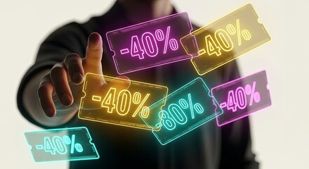 A person's finger touches a futuristic digital interface displaying glowing neon discount coupons for a sale.