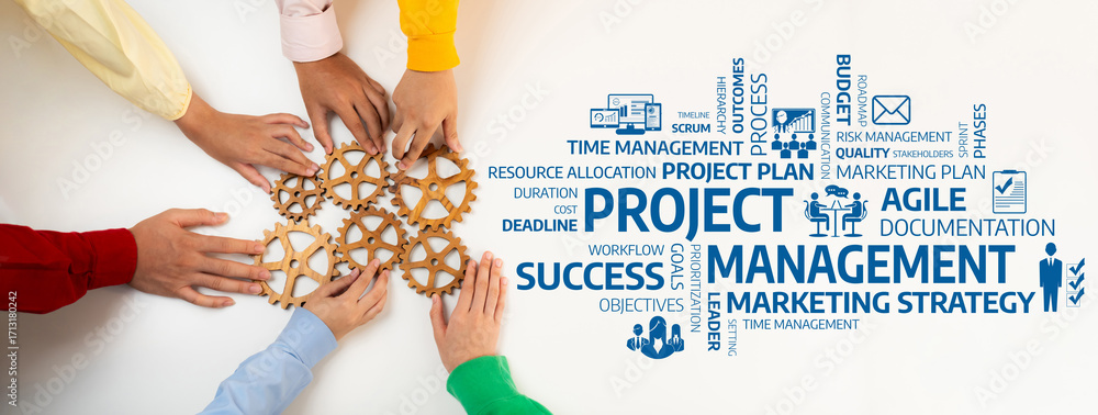 Aufkleber a dynamic team collaborates on project management, highlighted by gears symbolizing progress and div