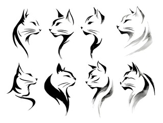 Artistic cat illustrations in black and white show feline profiles rendered in elegant brushstroke designs.