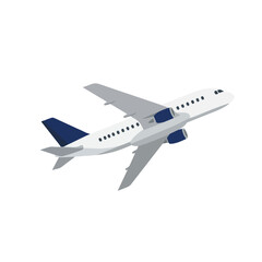 White and blue airplane flying against a white backdrop. Perfect for travel brochures, aviationthemed publications, and transportation presentations.