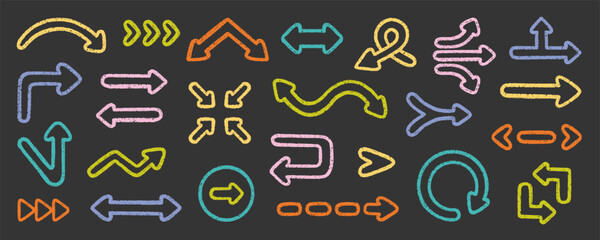 Chalk pencil arrows doodle set. Charcoal childish scribble direction pointers in sketch style. Crayon and Grunge texture. Hand drawn vector illustration isolated on black background