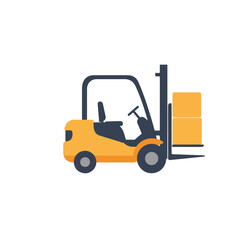 Yellow forklift carrying two boxes suited for logistics, transportation, warehouse, industrial themes in construction, manufacturing, and storage settings.