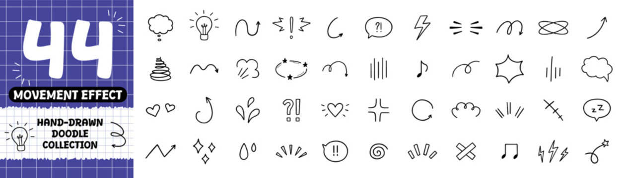 Comic expression sign and movement effect doodle set. Japanese decorative lines, shock, character emotion. Anime and manga symbols in sketch style. Hand drawn illustration isolated on white background