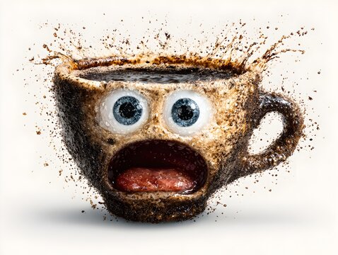 An anthropomorphic coffee cup with wide eyes and open mouth showing an espresso liquid splash isolated.