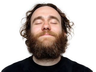 A bearded man with curly hair closes his eyes and relaxes in front of a plain white background peacefully.
