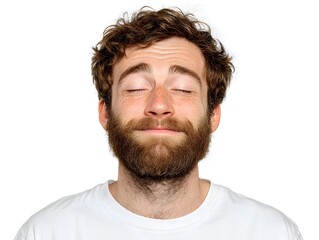 Obraz premium A relaxed bearded man with closed eyes smiles gently against a clean white studio background looking peaceful.