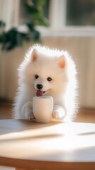 White Pomeranian looking at cup of milk at cozy café  

